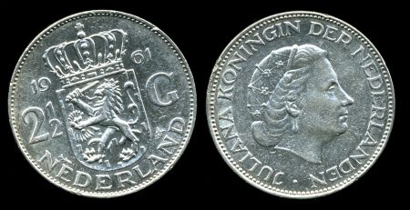 Нидерланды 1961 г. • KM# 185 • 2 ½ гульдена • королева Юлиана • регулярный выпуск • AU • серебро