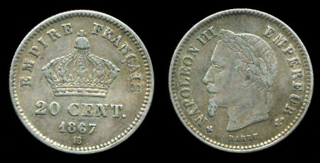 Франция 1867 г. BB (Страсбург) KM# 808.2 • 20 сантимов • император Наполеон III • регулярный выпуск • XF ( кат.- $15,00 )