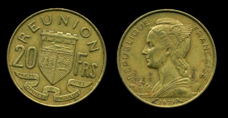Реюньон 1971 г. • KM# 11a • 20 франков • герб территории • регулярный выпуск • XF+