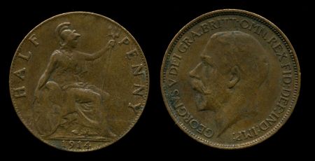 Великобритания 1914 г. • KM# 809 • полпенни • Георг V • регулярный выпуск • XF+ ( кат. - $15 )