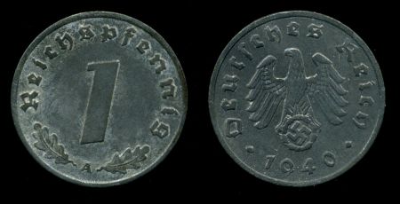 Германия 1940 г. A (Берлин) • KM# 97 • 1 рейхспфенниг • орел на венке • регулярный выпуск • MS BU