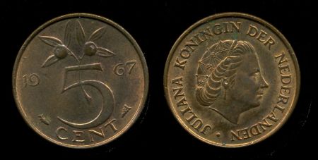 Нидерланды 1967 г. • KM# 181 • 5 центов • королева Юлиана • регулярный выпуск • MS BU • красн. бронза ( кат.- $15,00 )