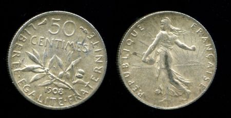 Франция 1908 г. KM# 854 • 50 сантимов • "Марианна"-сеятельница • серебро • регулярный выпуск • UNC