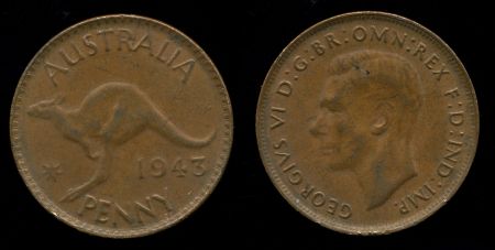 Австралия 1943 г. • KM# 36 • 1 пенни • Георг VI • кенгуру • регулярный выпуск • UNC ( кат.- $40 )
