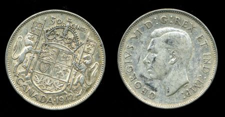 Канада 1942 г. • KM# 36 • 50 центов • Георг VI • серебро • регулярный выпуск • XF+