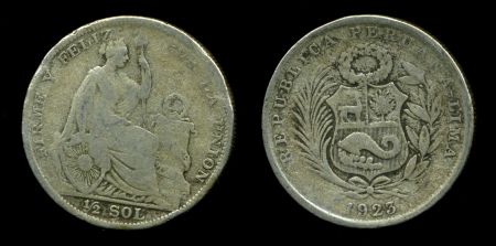 Перу 1923 г. • KM# 216 • ½ соля • государственный герб • серебро • регулярный выпуск • F