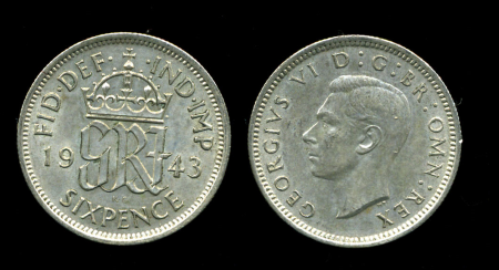 Великобритания 1943 г. • KM# 852 • 6 пенсов • Георг VI • регулярный выпуск • MS BU
