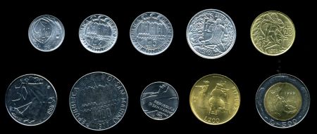 Сан-Марино 197х-199х гг. • 1 - 500 лир • лот 10 разных монет • регулярный выпуск • MS BU 