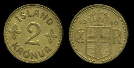 Исландия 1940 г. • KM# 4.2 • 2 кроны • государственный герб • регулярный выпуск • XF+