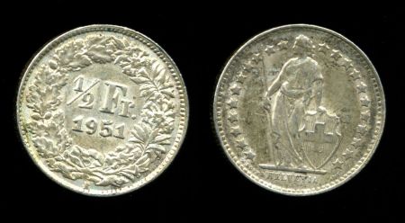 Швейцария 1951 г. B (Берн) • KM# 23 • ½ франка • серебро • регулярный выпуск • MS BU