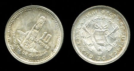 Гватемала 1951 г. • KM# 256.1 • 10 сентаво • государственный герб • серебро • регулярный выпуск • MS BU