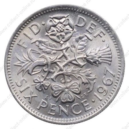 Великобритания 1967 г. • KM# 903 • 6 пенсов • Елизавета II • растения-символы • регулярный выпуск • MS BU