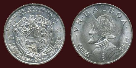 Панама 1966 г. • KM# 27 • 1 бальбоа • Васко де Бальбоа • серебро • регулярный выпуск • MS BU ( кат. - $40 )