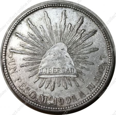Мексика 1908 г. Mo AM (Мехико) • KM# 409.2 • 1 песо • орел • серебро • регулярный выпуск • BU-