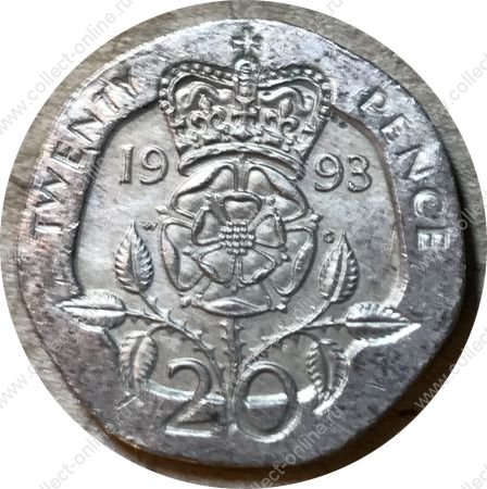 Великобритания 1985-1997 гг. • KM# 939 • 20 пенсов • Елизавета II • роза в короне • регулярный выпуск • XF-AU