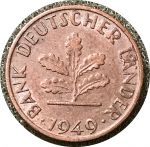 Германия • ФРГ 1949 г. D (Мюнхен) • KM# A101 • 1 пфенниг • дубовые листья • регулярный выпуск • XF-AU
