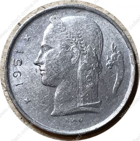 Бельгия 1951 г. • KM# 143.1 • 1 франк • "Belgie" (нем. текст) • регулярный выпуск • AU