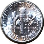 США 1964 г. D • KM# 195 • дайм(10 центов) • (серебро) • Франклин Рузвельт • факел • регулярный выпуск • MS BU