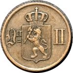 Норвегия 1877 г. KM# 352 • 1 оре • королевский герб • регулярный выпуск • XF+
