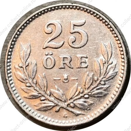 Швеция 1928 г. • KM# 785 • 25 эре • Королевский герб • серебро • регулярный выпуск • AU