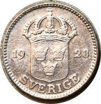 Швеция 1928 г. • KM# 785 • 25 эре • Королевский герб • серебро • регулярный выпуск • AU