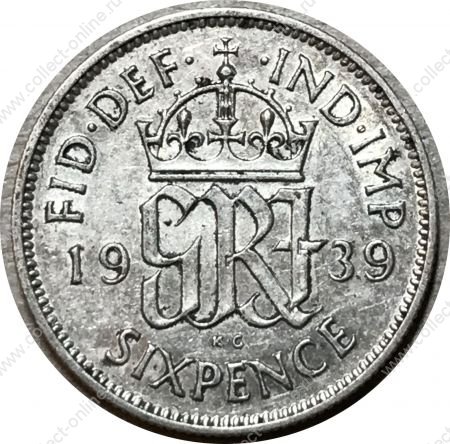 Великобритания 1939 г. • KM# 852 • 6 пенсов • Георг VI • регулярный выпуск • XF