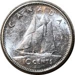 Канада 1963 г. • KM# 51 • 10 центов • Елизавета II • парусник • серебро • регулярный выпуск • BU