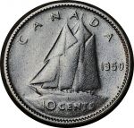 Канада 1950 г. • KM# 43 • 10 центов • Георг VI • серебро • регулярный выпуск • VF