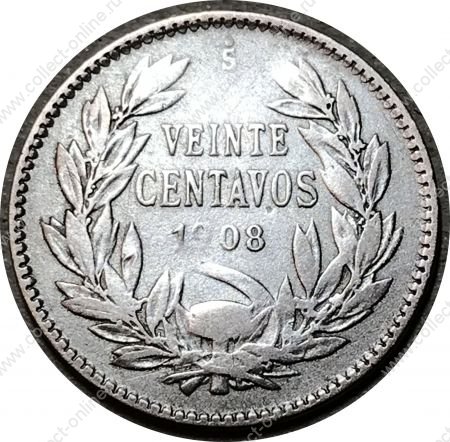 Чили 1908/1808 г. • KM# 151.3 • 20 сентаво • Кондор на скале • серебро • регулярный выпуск • F-VF