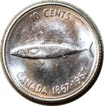 Канада 1967 г. • KM# 67(67a) • 10 центов • 100-летие Конфедерации • Елизавета II • макрель • серебро • регулярный выпуск • MS BU