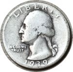 США 1939 г. D • KM# 164 • квотер (25 центов) • Джордж Вашингтон • серебро • регулярный выпуск • F-