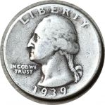 США 1939 г. • KM# 164 • квотер (25 центов) • Джордж Вашингтон • серебро • регулярный выпуск • F-