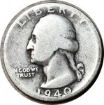 США 1940 г. D • KM# 164 • квотер (25 центов) • Джордж Вашингтон • серебро • регулярный выпуск • VG+
