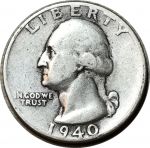 США 1940 г. S • KM# 164 • квотер (25 центов) • Джордж Вашингтон • серебро • регулярный выпуск • F