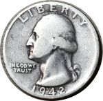 США 1942 г. S • KM# 164 • квотер (25 центов) • Джордж Вашингтон • серебро • регулярный выпуск • F