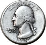 США 1941 г. D • KM# 164 • квотер (25 центов) • Джордж Вашингтон • серебро • регулярный выпуск • F