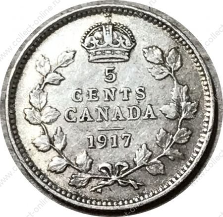 Канада 1917 г. • KM# 22 • 5 центов • Георг V • серебро • регулярный выпуск • XF-
