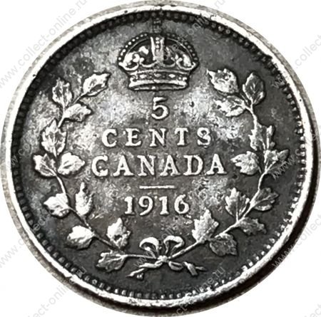 Канада 1916 г. • KM# 22 • 5 центов • Георг V • серебро • регулярный выпуск • VF