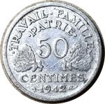 Франция 1942 г. • KM# 914.1 • 50 сантимов • правительство Виши • регулярный выпуск • AU+