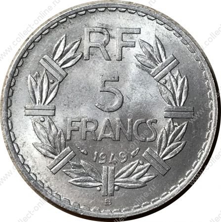 Франция 1949 г. B • KM# 888b.2 • 5 франков • Марианна • регулярный выпуск • MS BU