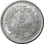 Франция 1945 г. • KM# 888b.1 • 5 франков • Марианна • регулярный выпуск • AU+