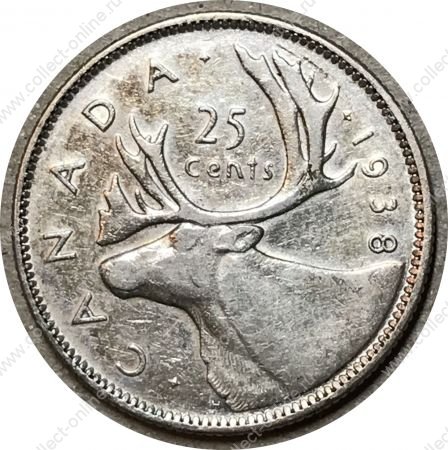 Канада 1937 г. • KM# 35 • 25 центов • Георг VI • олень • серебро • регулярный выпуск • AU*
