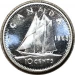 Канада 1963 г. • KM# 51 • 10 центов • Елизавета II • парусник • серебро • регулярный выпуск • MS BU пруфлайк