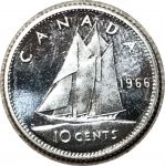 Канада 1966 г. • KM# 61 • 10 центов • Елизавета II • парусник • серебро • регулярный выпуск • MS BU пруфлайк