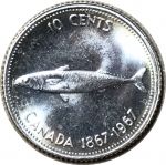 Канада 1967 г. • KM# 67(67a) • 10 центов • 100-летие Конфедерации • Елизавета II • макрель • серебро • регулярный выпуск • MS BU пруфлайк