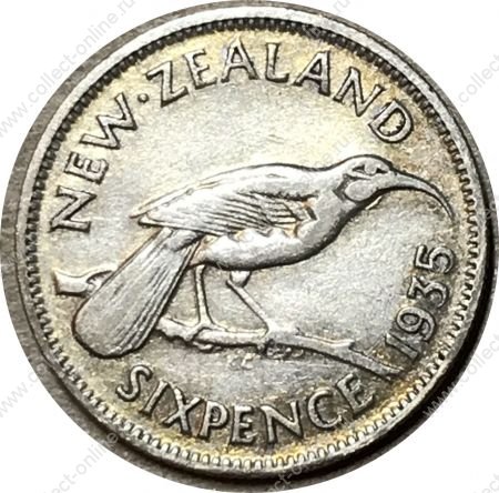 Новая Зеландия 1935 г. • KM# 2 • 6 пенсов • Георг V (серебро) • птица гуйа • регулярный выпуск • VF ( кат. - $20 )