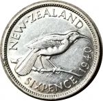 Новая Зеландия 1940 г. • KM# 8 • 6 пенсов • птица гуйя • серебро • регулярный выпуск • AU+ (кат - $20-30 )