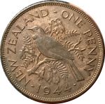 Новая Зеландия 1944 г. • KM# 13 • 1 пенни • Георг VI • птица туи • регулярный выпуск • AU+ красн.