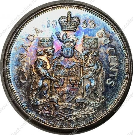 Канада 1963 г. • KM# 56 • 50 центов • Елизавета II • серебро • регулярный выпуск • MS BU радуга!