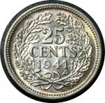 Кюрасао 1941 г. P • KM# 38 • 25 центов • королева Вильгельмина • регулярный выпуск • MS BU ( кат.- $ 25+ )
